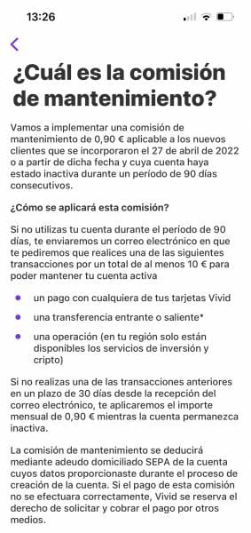 comisión mantenimiento Vivid Money