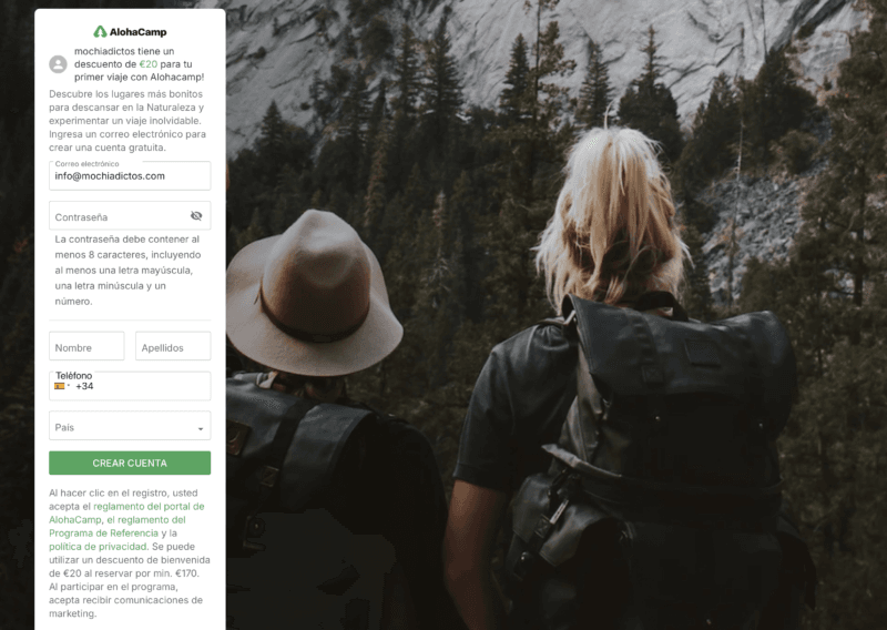 Registro en AlohaCAmp con descuento