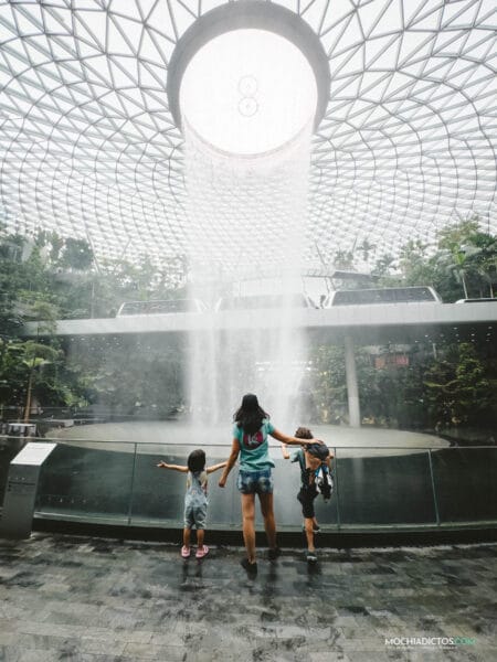 Escala larga en el aeropuerto de Singapur junto a la cascada Rain Vortex
