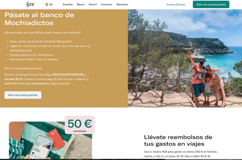 N26 promo 70 euros 2025 – 20 euros alta + 50 euros cashback viajes