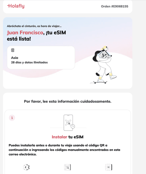 email instalación eSIM Holafly opiniones paso a paso