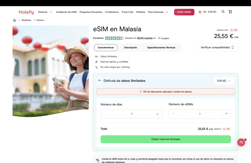 Precio Holafly Malasia 7 días con datos ilimitados por 25,55€