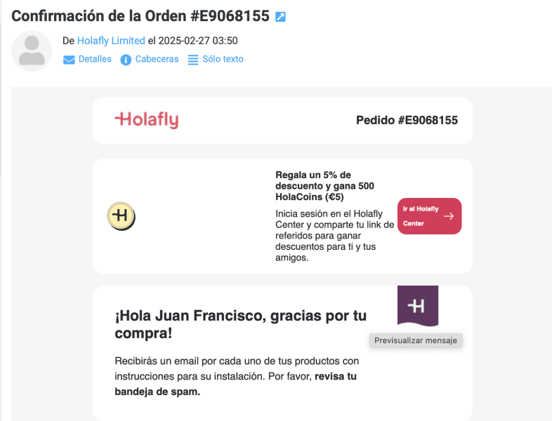 Confirmación de compra eSIM Asia Holafly