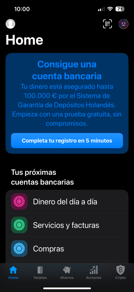 Cuenta bunq Free abierta en la app tras completar el registro