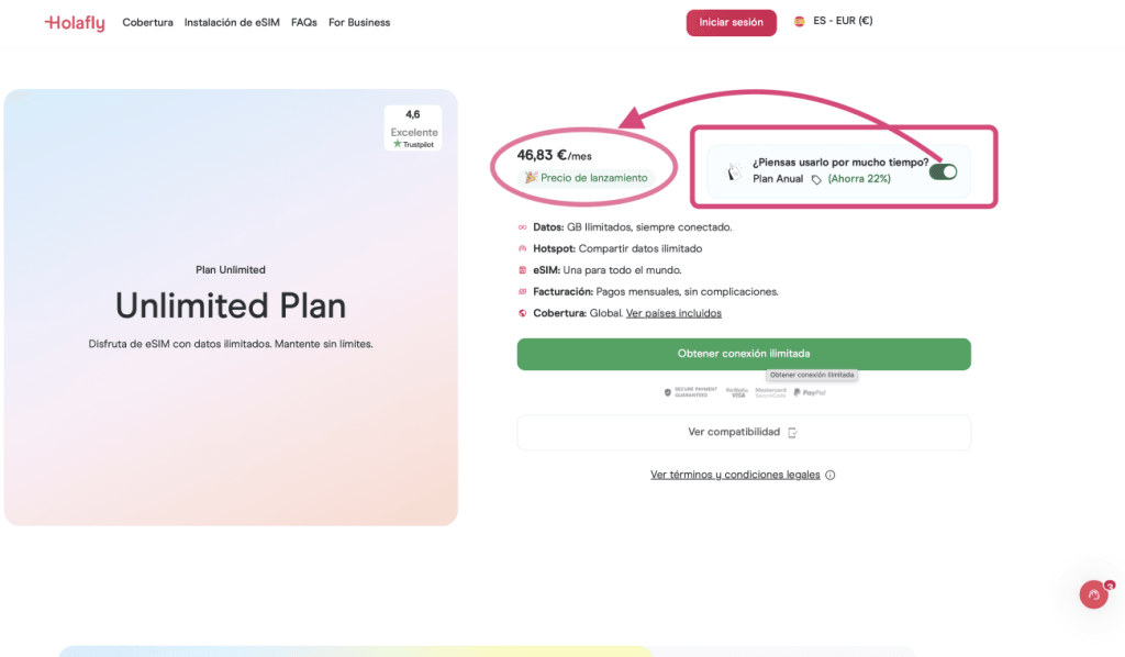 Holafly Plans Unlimited plan anual activado ahorro 22%