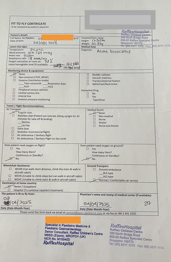 Certificado de apto para volar hospital en Singapur