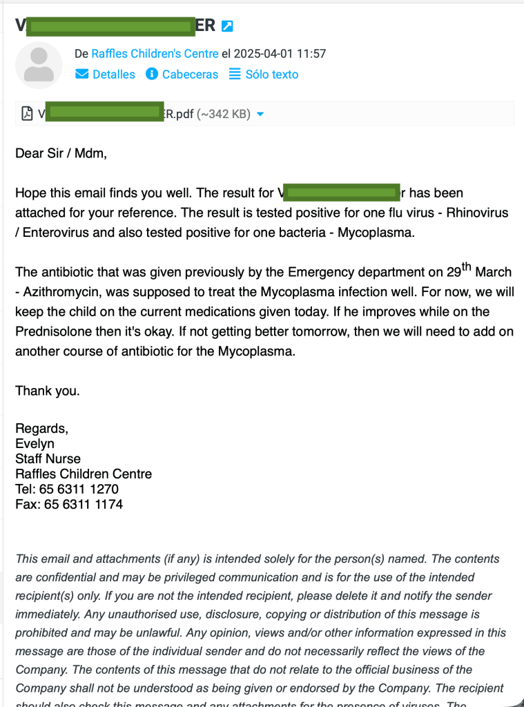 Email del hopital de Singapur con resultados de la analítica