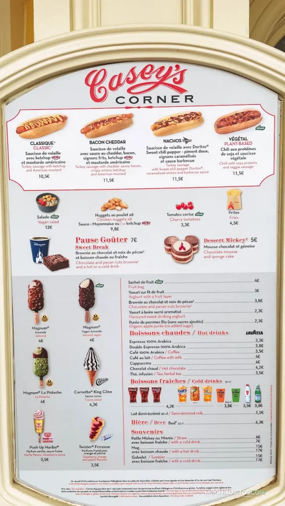 Tabla de precios cafe y snacks en Disneyland paris