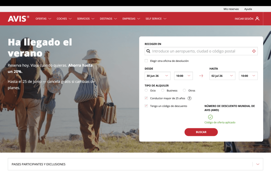 Página código descuento Avis
