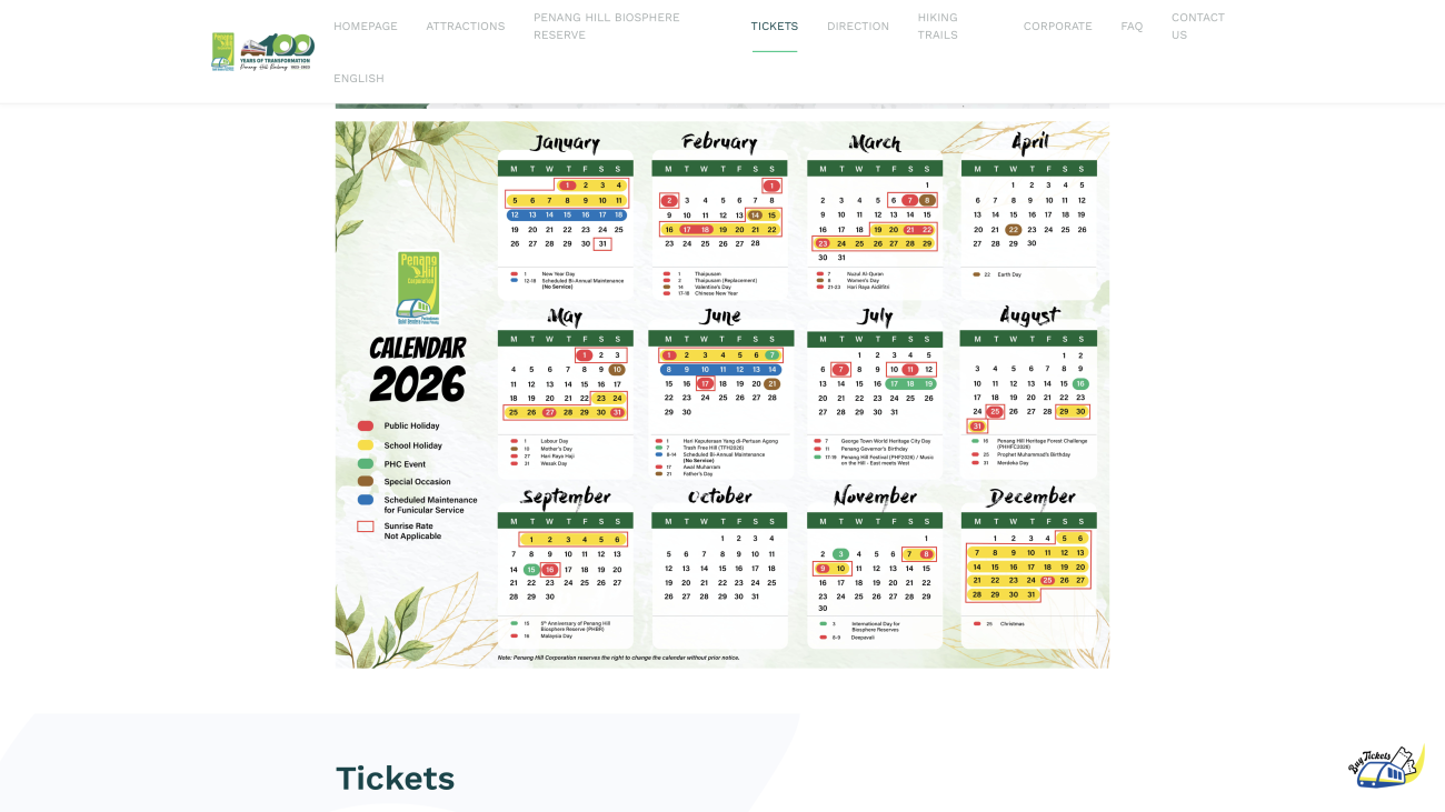 Calendario Penang Hill confechas importantes