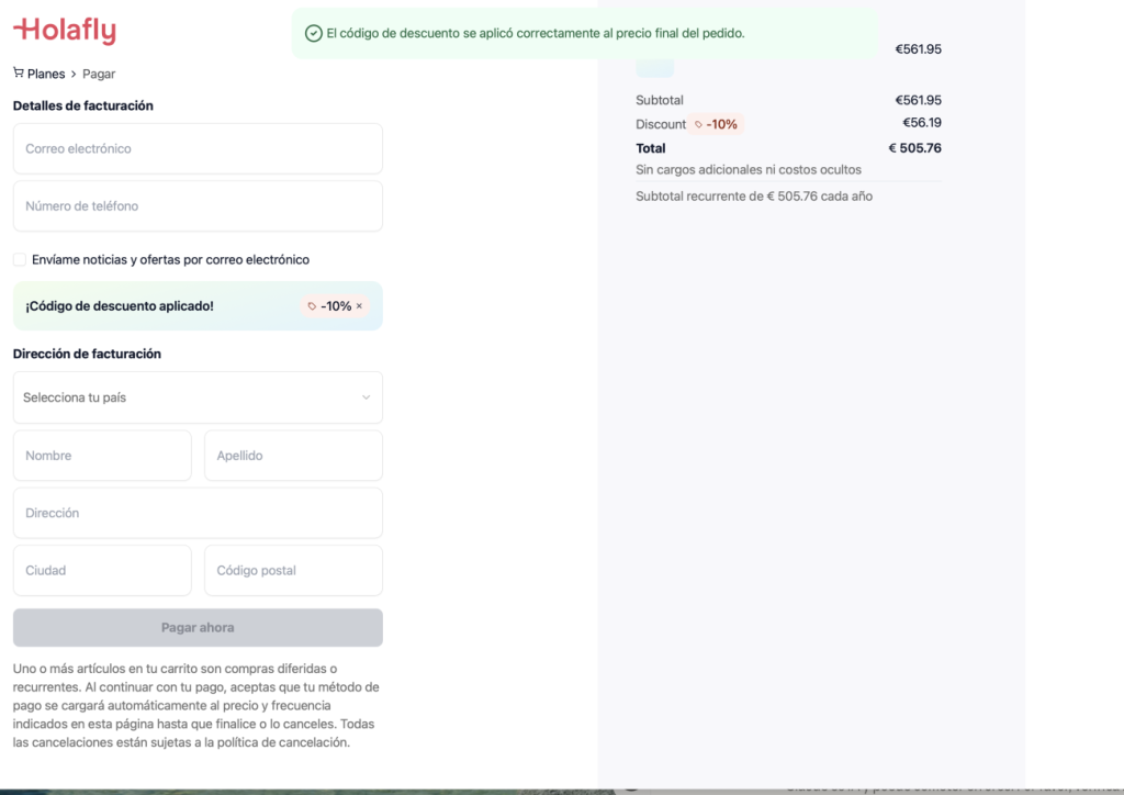 Carrito Holafly Plans anual con código MOCHIADICTOS descuento total 32%