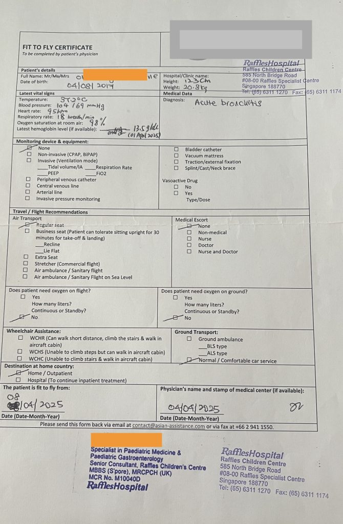 Certificado de apto para volar hospital en Singapur