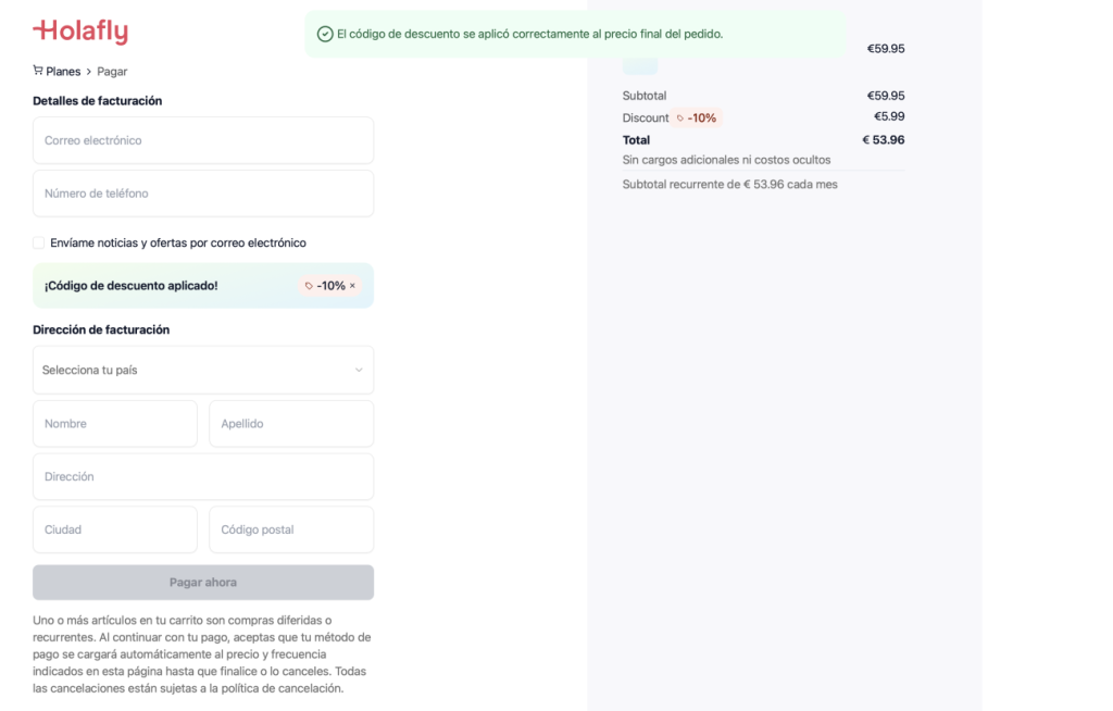 Código descuento Holafly 10 en Holafly Plans aplicado correctamente