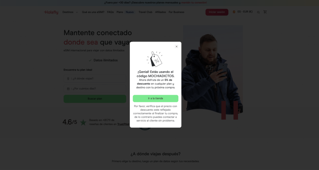 Descuento Holafly 5% aplicado automáticamente al entrar desde Mochiadictos