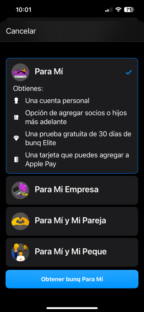 Pantalla para elegir tipo de cuenta en bunq Free: personal, empresa, pareja o infantil