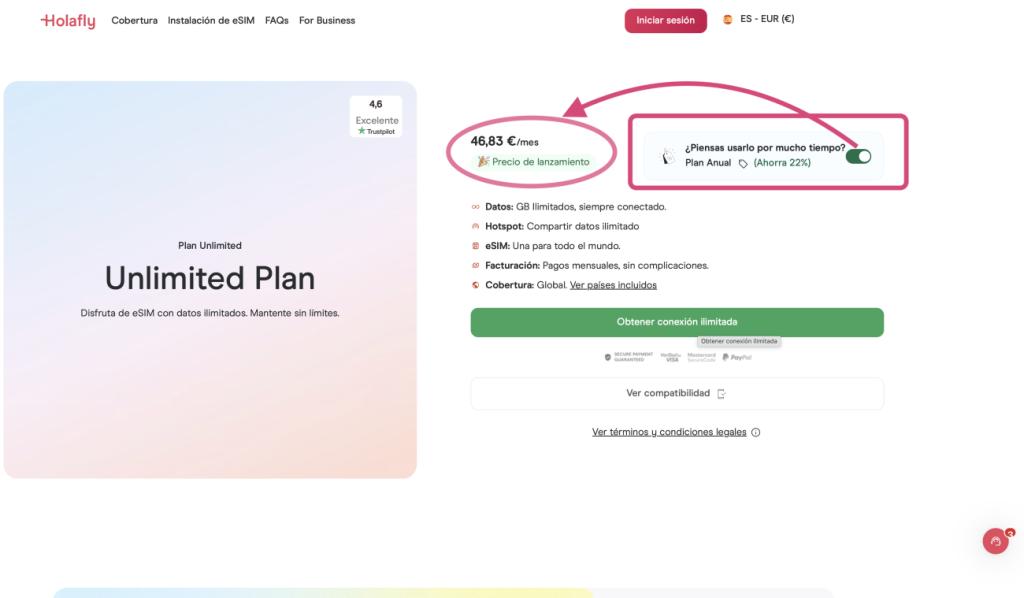 Holafly Plans Unlimited plan anual activado ahorro 22%