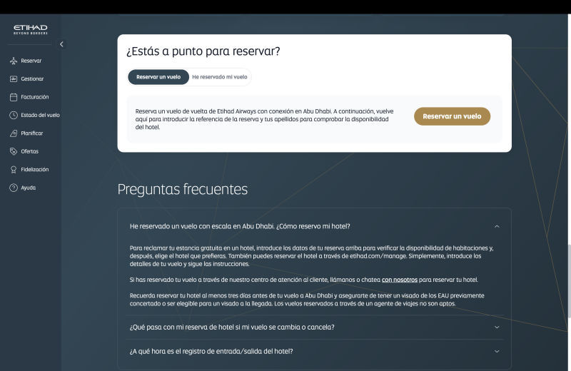 Página de Etihad explicando cómo reservar el hotel gratis incluido en la escala en Abu Dhabi – Etihad opiniones