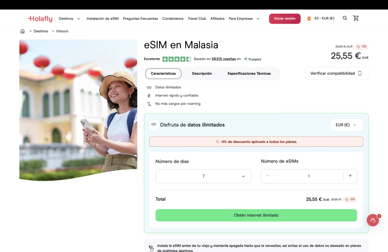 Precio Holafly Malasia 7 días con datos ilimitados por 25,55€