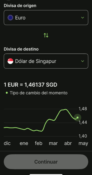 Tipo de cambio actualizado del dólar de Singapur en la app Wise