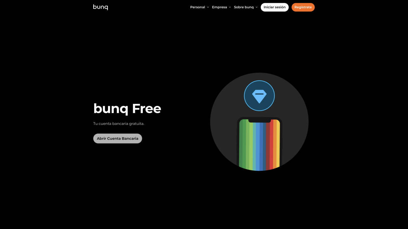 Pantalla oficial de bunq Free con el botón Abrir cuenta bancaria
