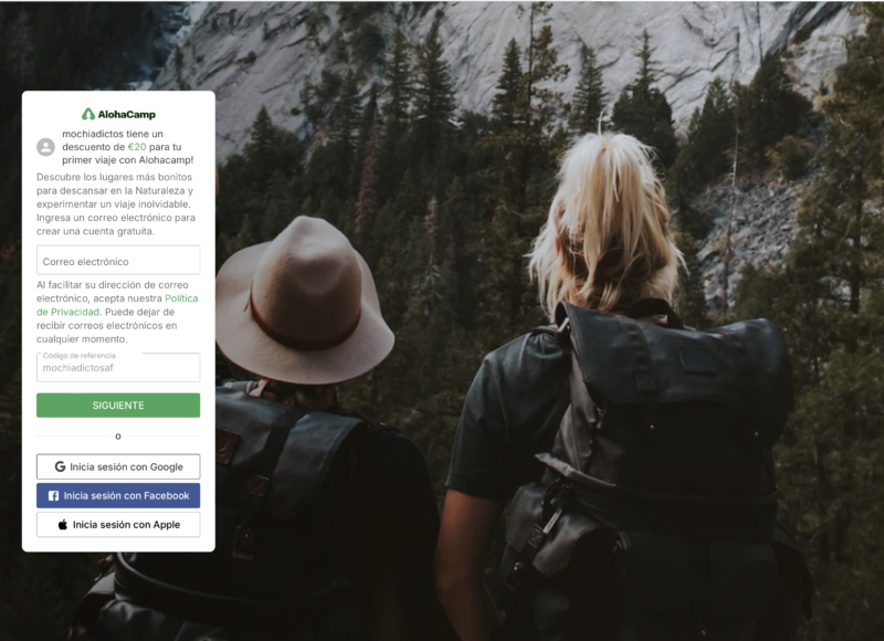 como aplicar el codigo descuento AlohaCamp