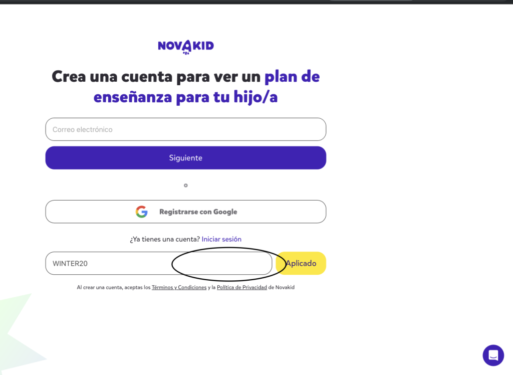 donde poner el código descuento novakid