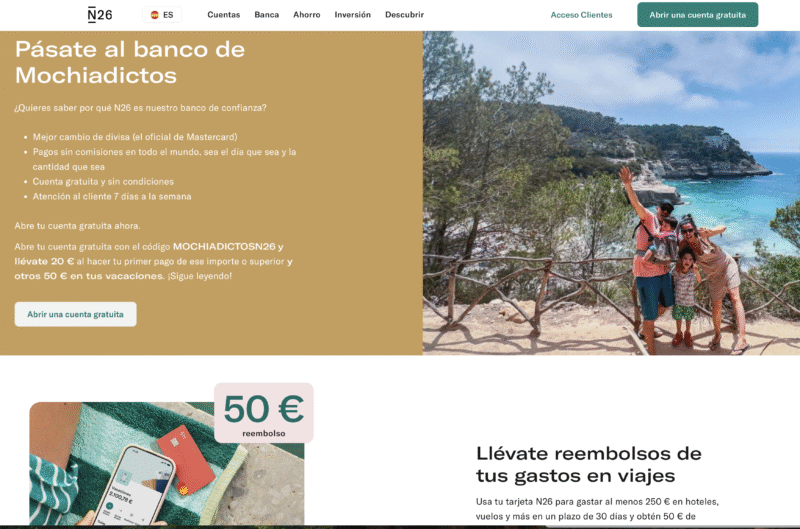 N26 promo 70 euros 2025 – 20 euros alta + 50 euros cashback viajes