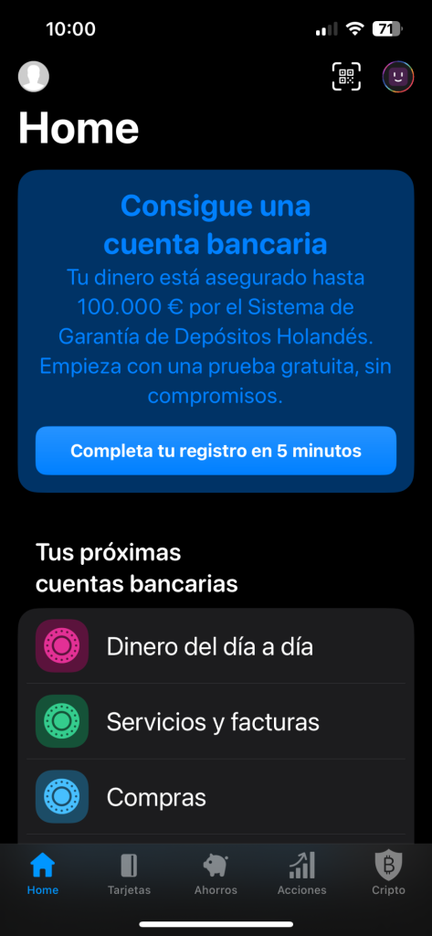 Cuenta bunq Free abierta en la app tras completar el registro